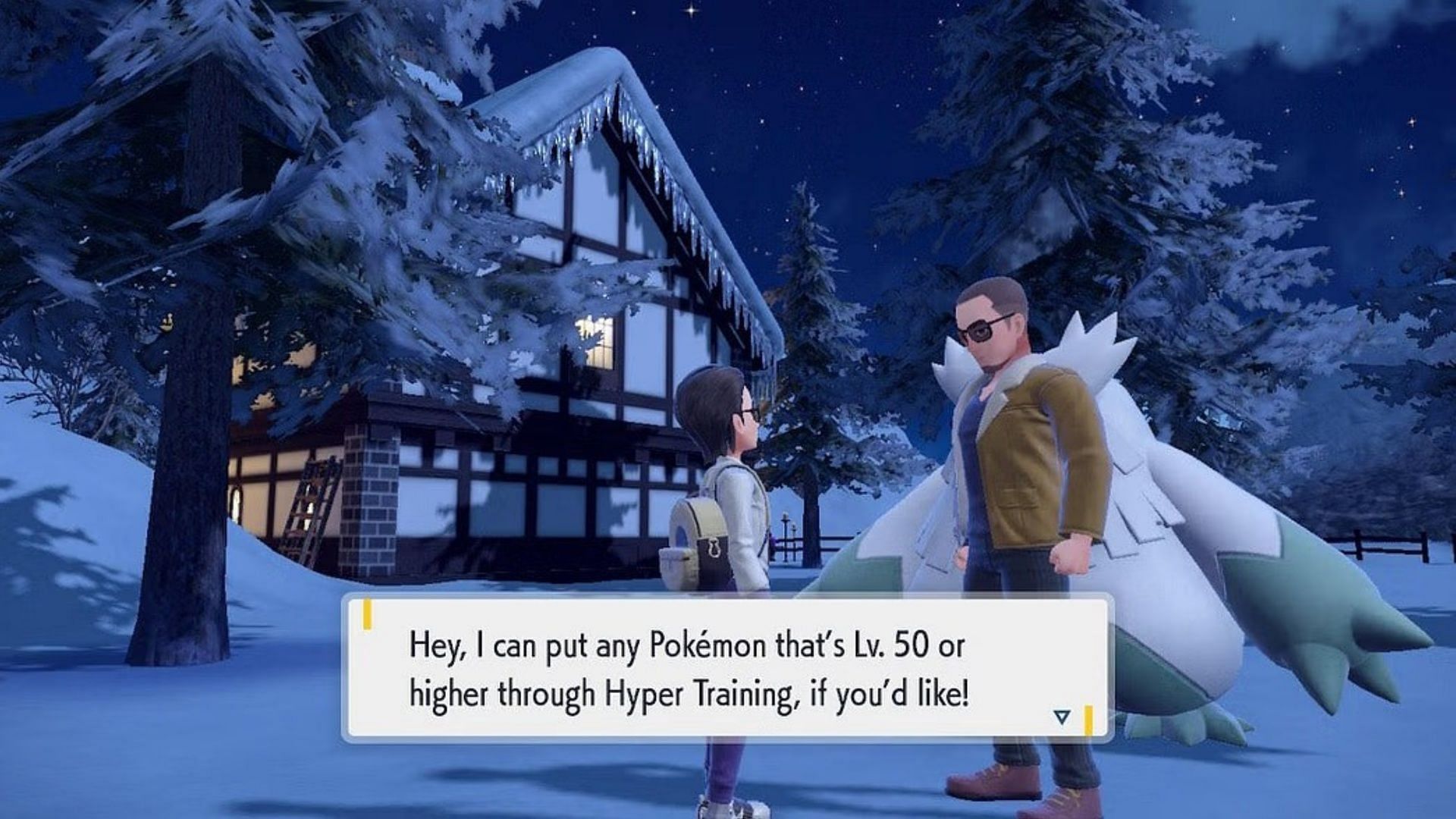 A trainer talking to the NPC for Hyper Training (Image via Game Freak)